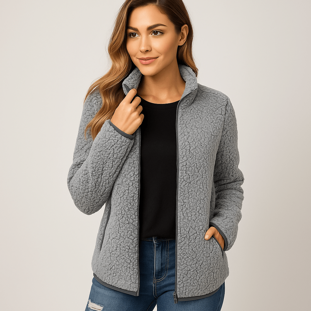 Back view of a women's warm outdoor jacket, designed for cozy comfort and versatile layering in winter & fall.