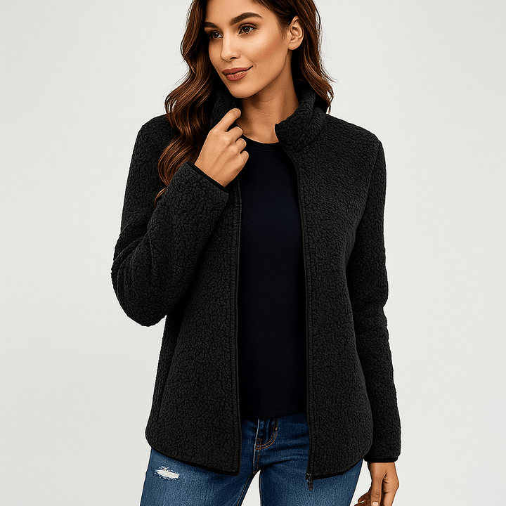 Front view of a women's cozy warm outdoor jacket with a full zipper. Stylish and practical for fall & winter.
