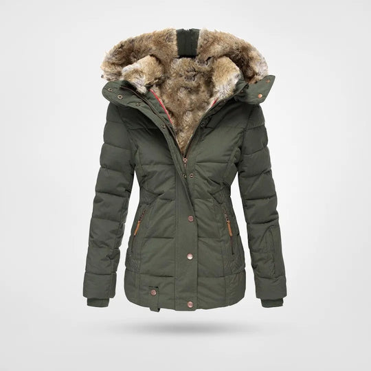 Stylish women's fleece-lined winter jacket. Hooded outerwear for cozy warmth & cold weather protection.