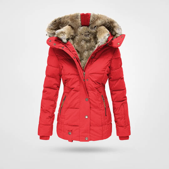 Ladies' waterproof winter jacket with hood. Stay warm & dry outdoors with this cozy, cold weather outerwear.