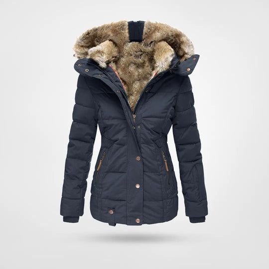 Women's hooded waterproof jacket, ideal for winter. Fleece-lined & stylish for warmth & protection in snow.