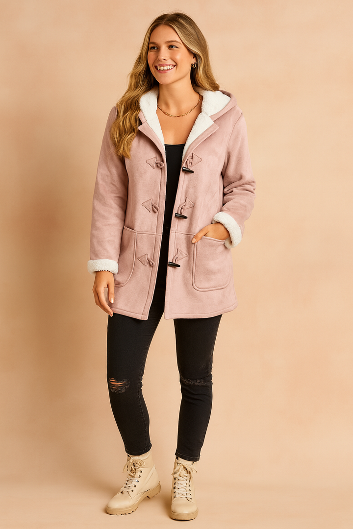 Women's cozy winter hooded jacket, perfect for warmth & style in cold weather. Ladies' fashionable outerwear.