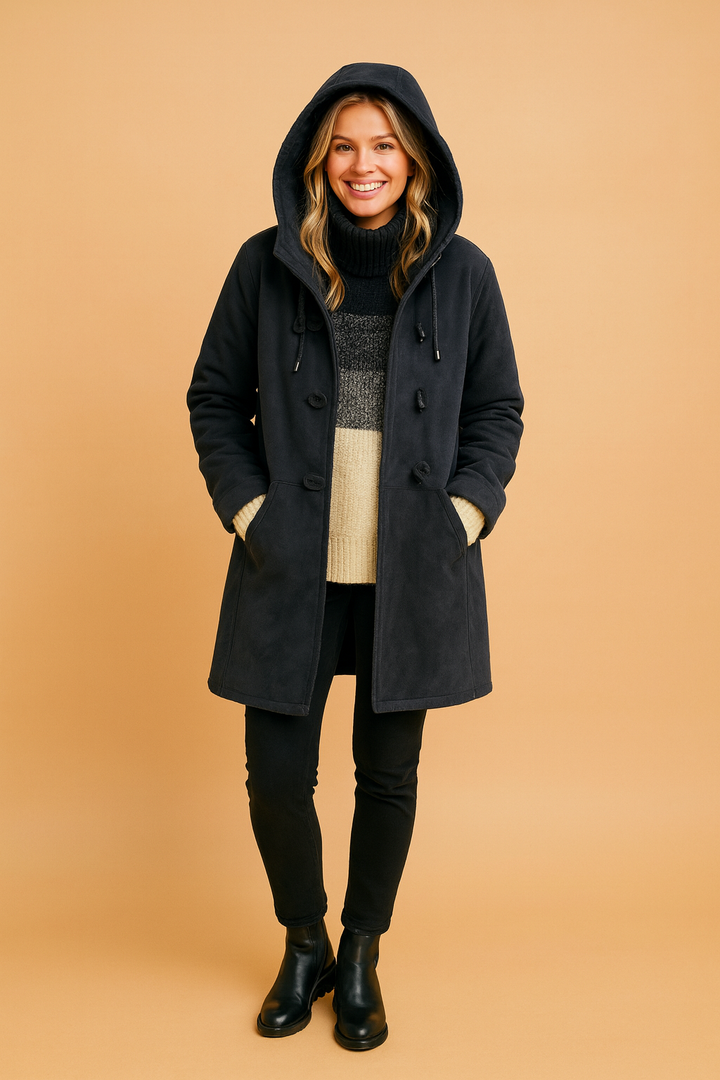 Fashionable women's winter jacket with hood, keeping you warm & stylish in cold weather. Perfect casual wear.