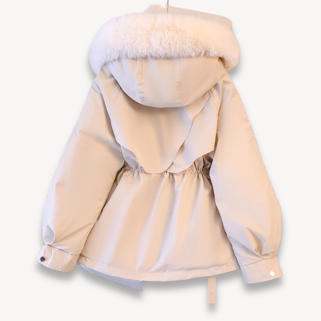 Warm beige women's winter parka, a stylish and comfortable casual jacket with removable hood.