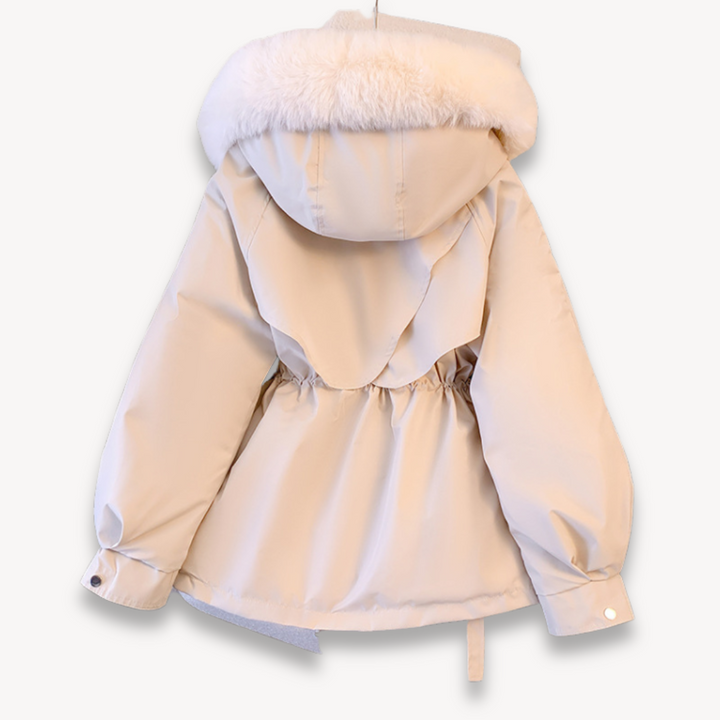 Warm beige women's winter parka, a stylish and comfortable casual jacket with removable hood.