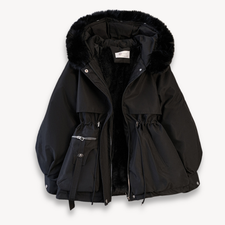 Black women's heavy-duty winter coat, featuring a cozy design and practical removable hood.