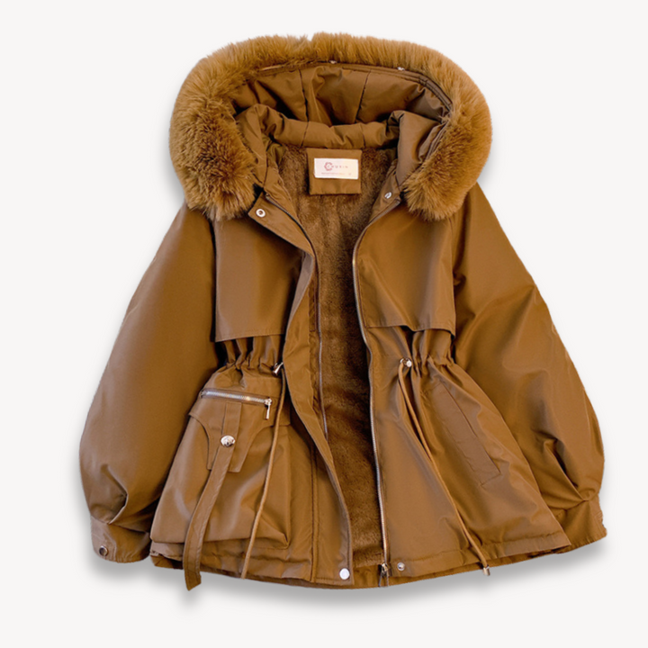 Brown women's cozy winter jacket, designed for warmth with a convenient removable hood.