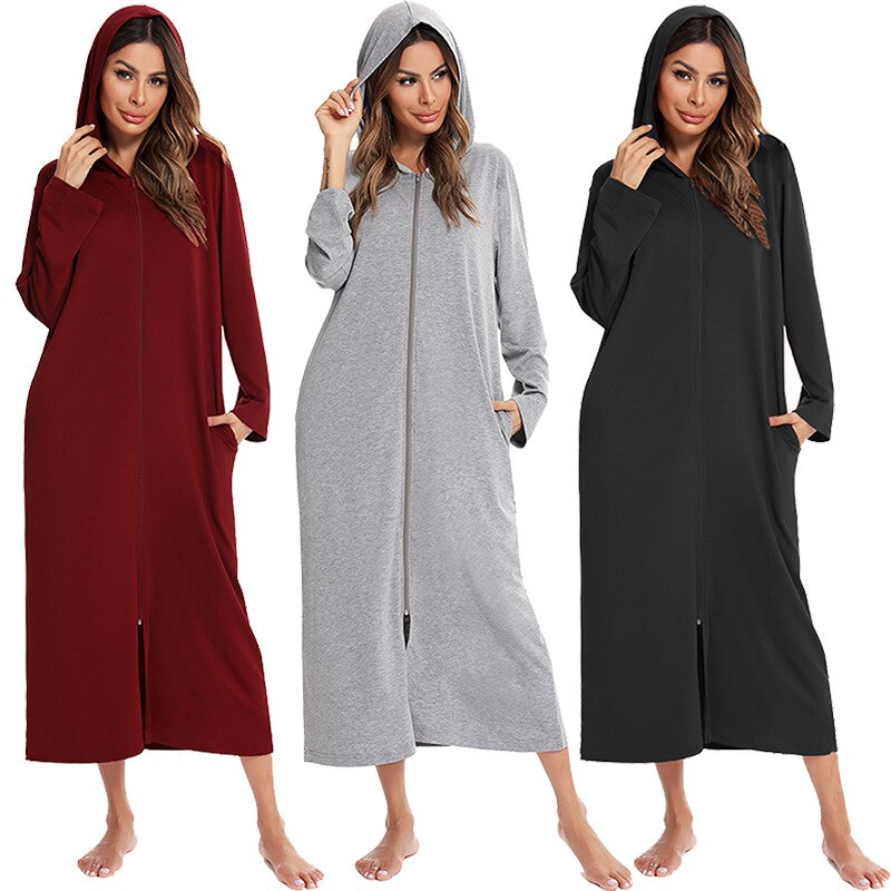 Women's cozy zip-up hooded nightdress, mid-length for winter comfort & relaxation.