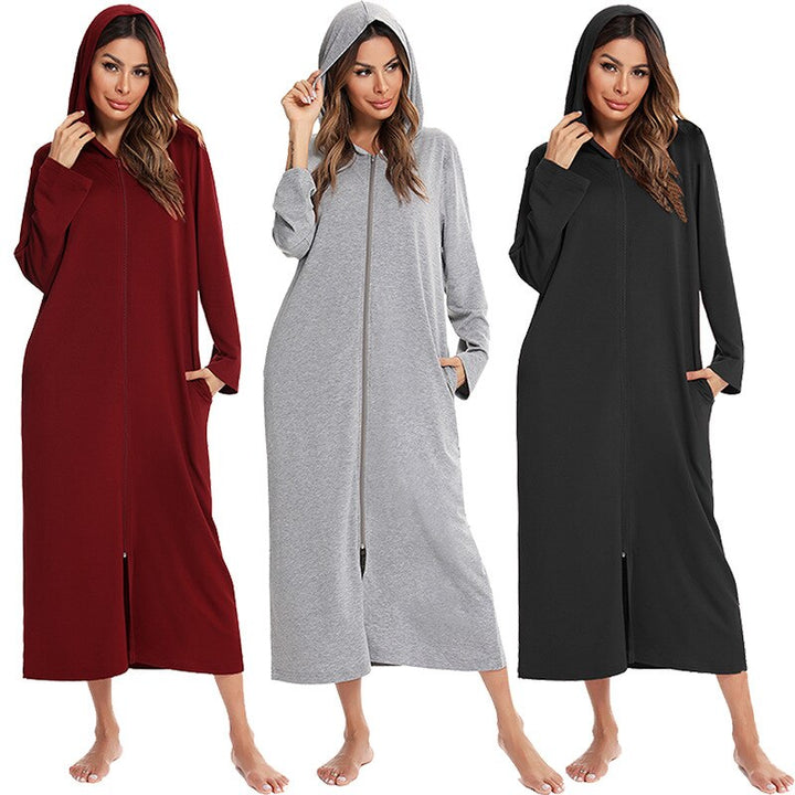 Women's cozy zip-up hooded nightdress, mid-length for winter comfort & relaxation.