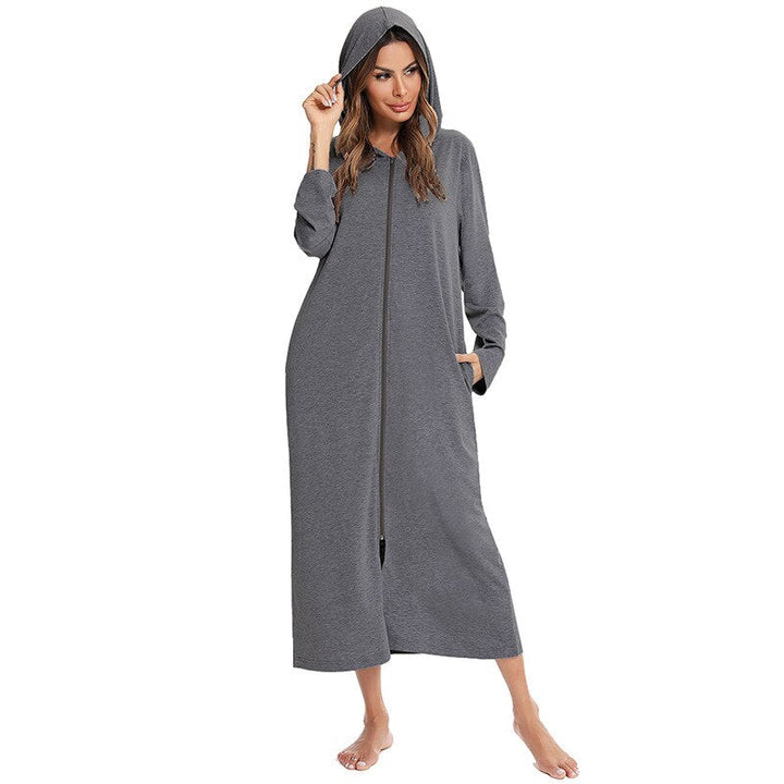 Comfortable women's zip-up hooded sleepwear, mid-length for ultimate relaxation.