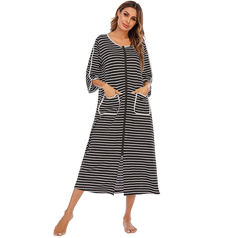 Women's cozy hooded nightgown, zip-up and mid-length, perfect winter loungewear.