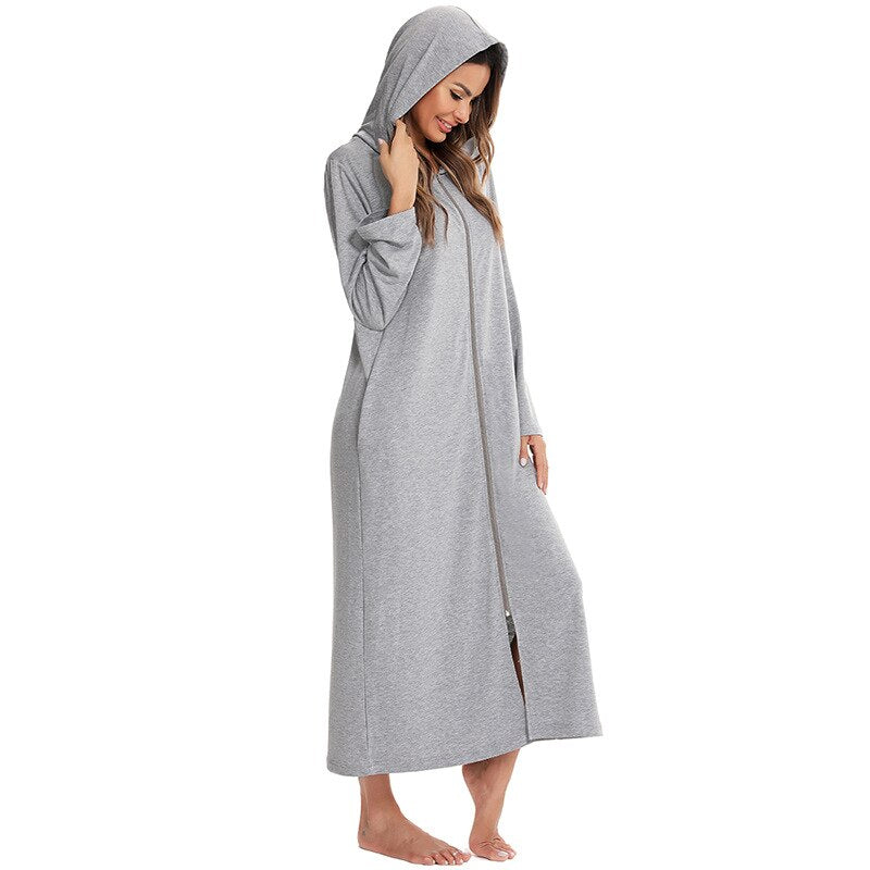 Ultimate comfort women's zip-up nightdress, hooded with pockets, warm mid-length.