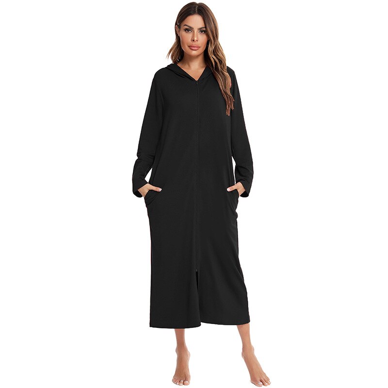 Women's soft mid-length zip-up hooded nightwear, cozy and comfortable for winter.