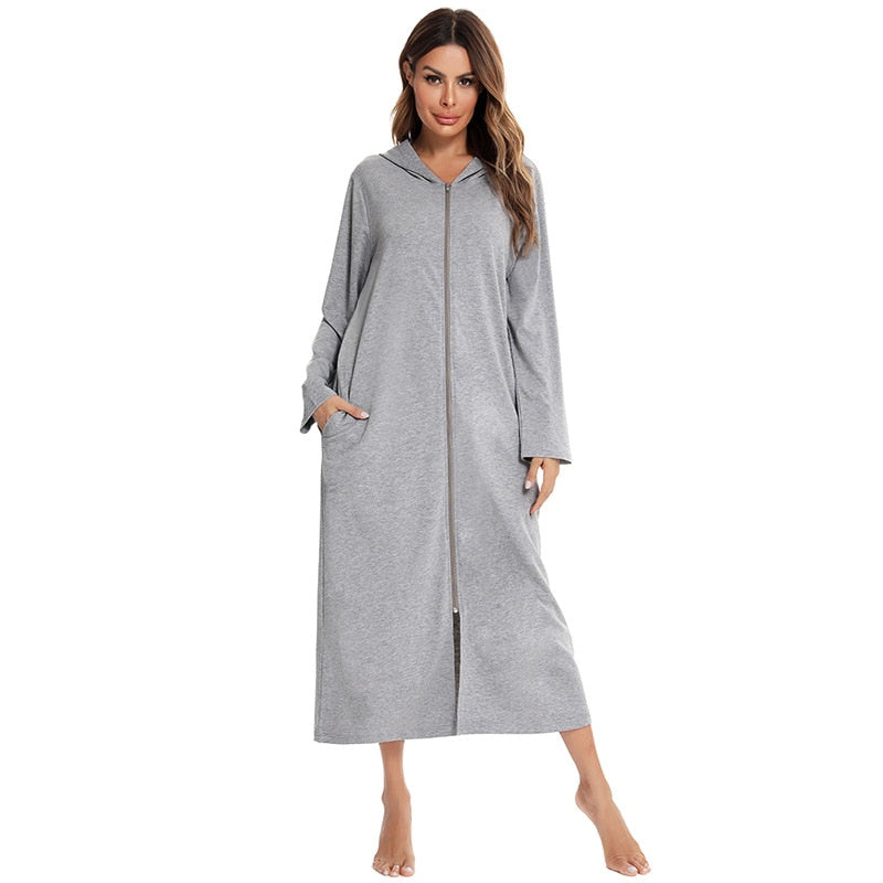 Warm women's hooded nightgown with zipper & pockets, perfect cozy sleepwear.