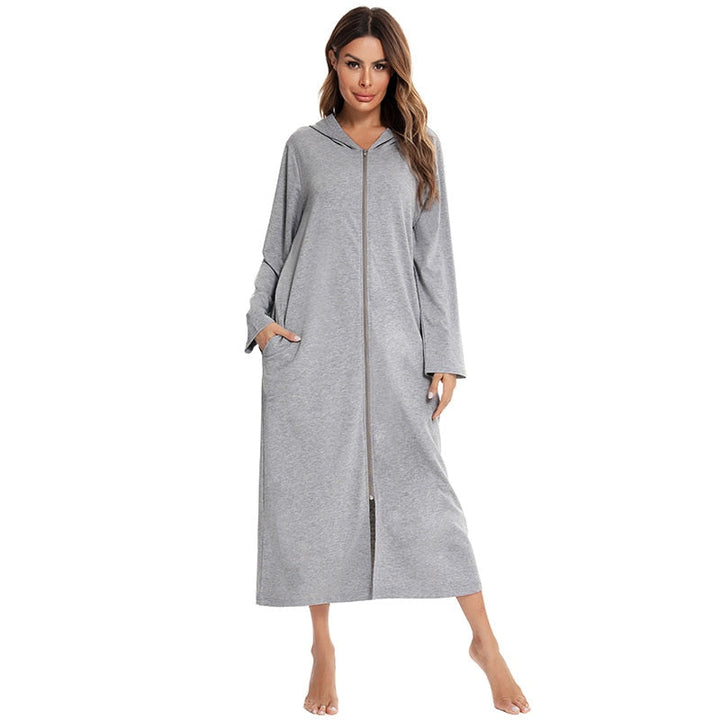 Warm women's hooded nightgown with zipper & pockets, perfect cozy sleepwear.