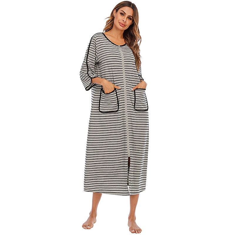 Comfortable women's mid-length zip-up nightdress, ideal for winter loungewear.