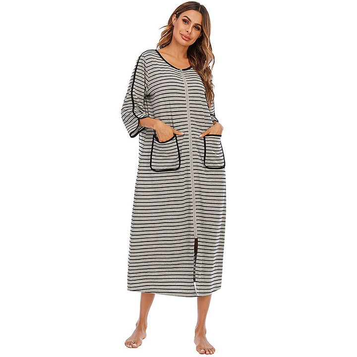 Comfortable women's mid-length zip-up nightdress, ideal for winter loungewear.