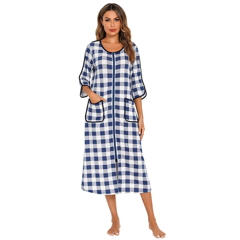 Soft women's hooded sleepwear, full zip-up design & pockets, ultimate cozy nightgown.