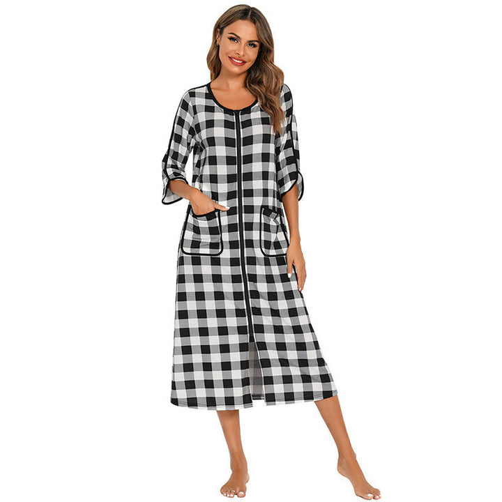 Women's warm zip-up nightdress with hood, mid-length for cozy winter relaxation.
