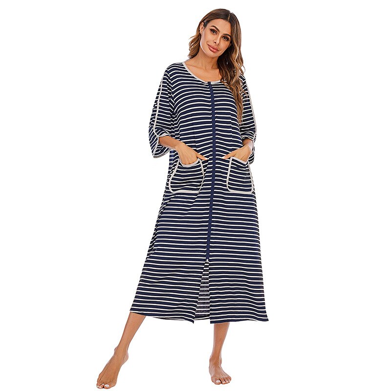 Mid-length women's hooded zip-up nightgown, pockets, cozy and warm for winter nights.