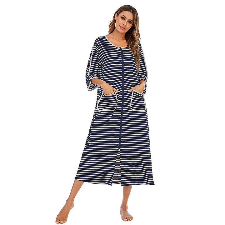 Mid-length women's hooded zip-up nightgown, pockets, cozy and warm for winter nights.