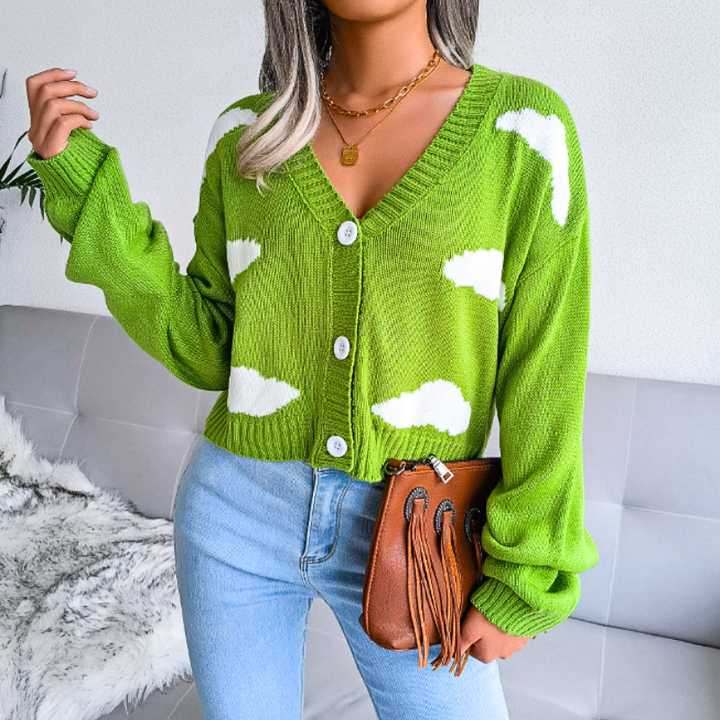 Cloud print cropped cardigan, V-neck. Women's comfortable and unique top for spring/fall style.