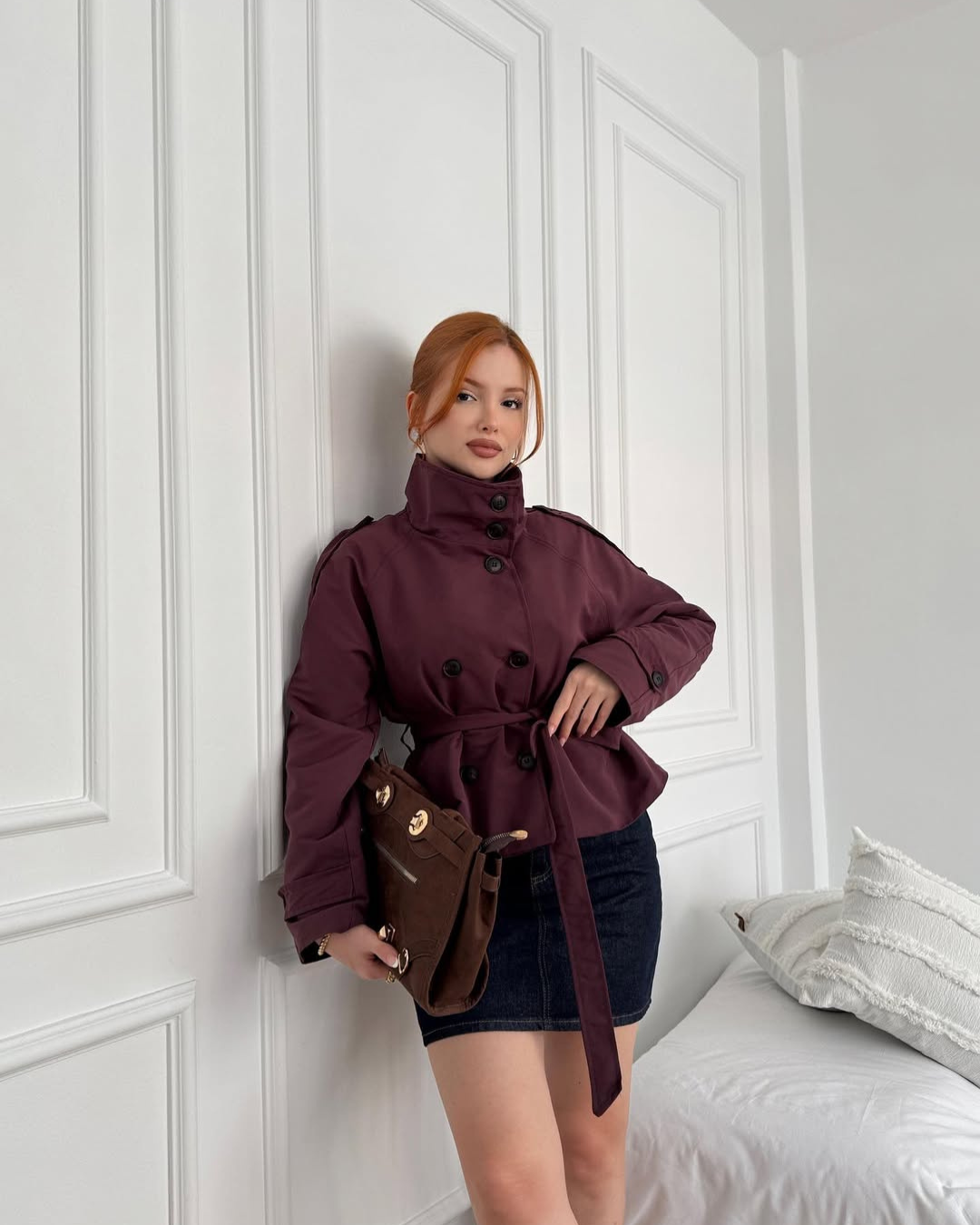 Women's fashionable cropped trench coat, double-breasted, belted, versatile outerwear.