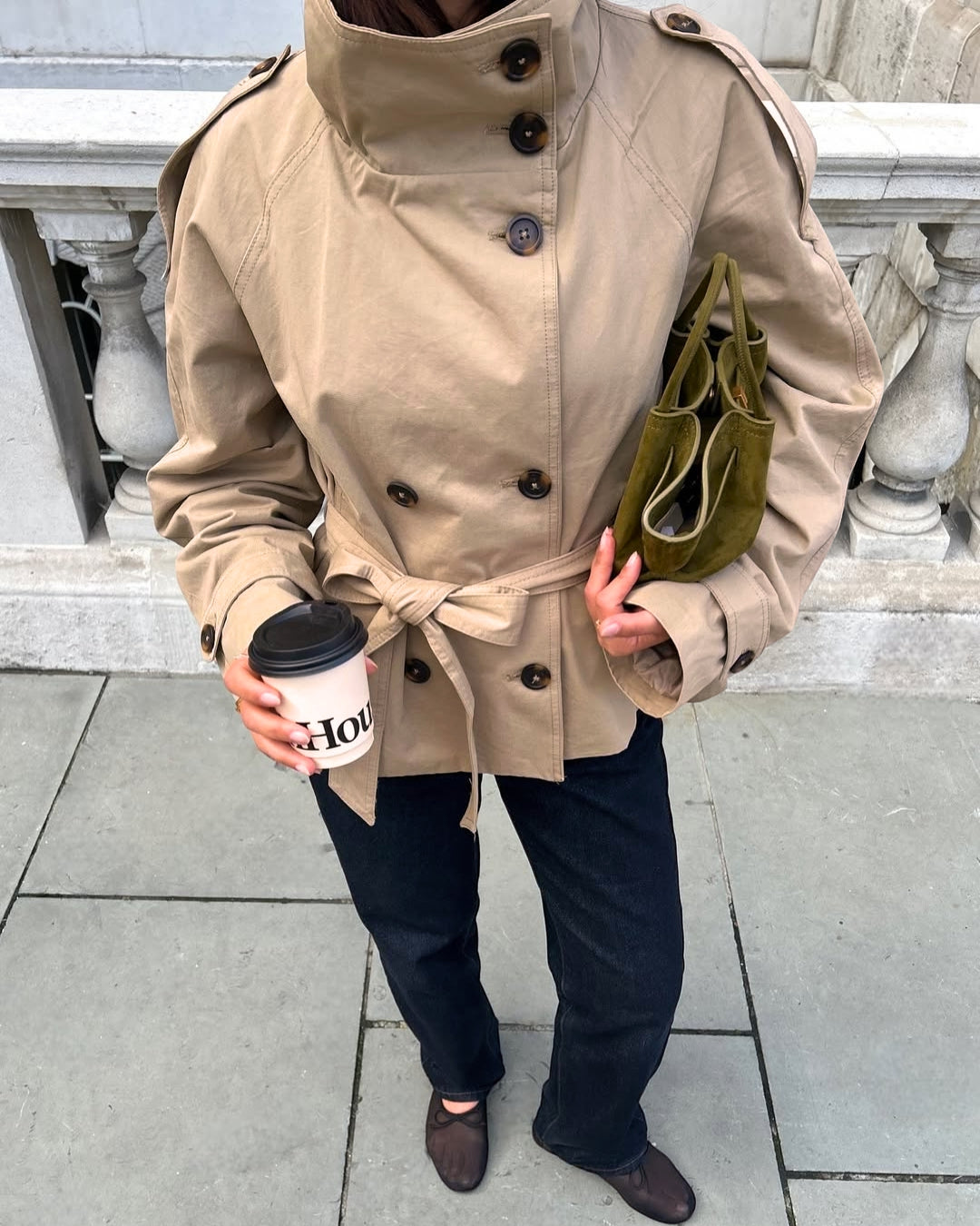Chic women's cropped trench coat, double-breasted, belted, versatile fashion outerwear.