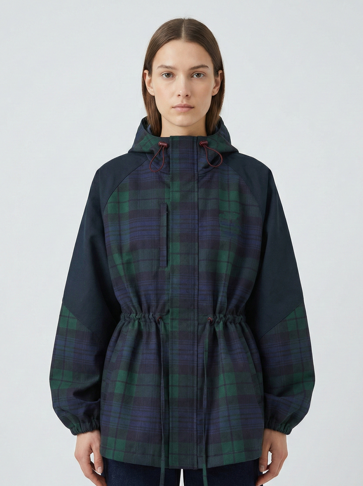 Women's dark blue oversized plaid hooded jacket. Features adjustable waist, perfect for casual outerwear & streetwear.