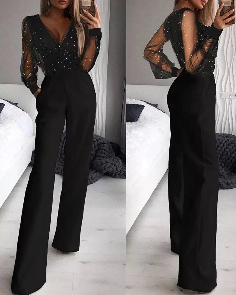Women's dazzling black glitter jumpsuit, perfect for glamorous party wear and sparkling evening outfits.