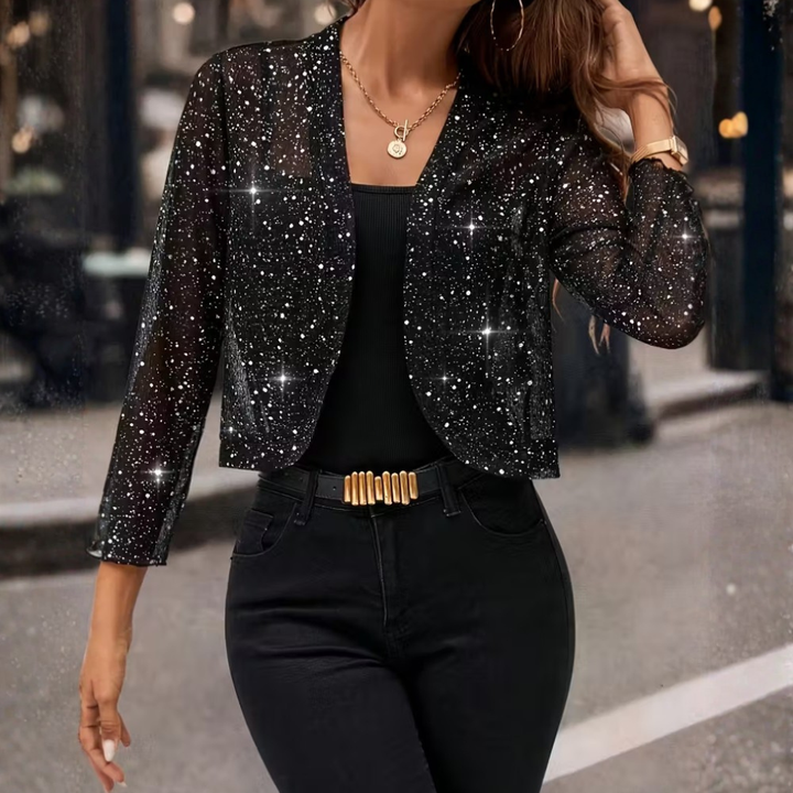Sparkling open front sequin cardigan jacket for women, ideal for evening wear & dazzling style.