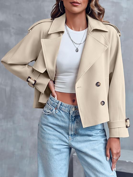 Women's double-breasted cropped trench coat, perfect for elegant fall & spring fashion. Chic short outerwear.