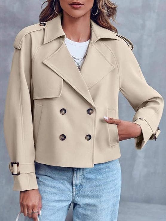 Chic women's cropped trench coat, double-breasted design. Versatile short jacket for spring & fall fashion.