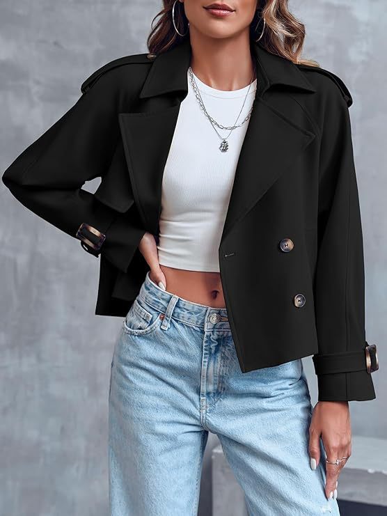 Stylish women's cropped trench coat, double-breasted for a chic look. Perfect fall & spring fashion outerwear.