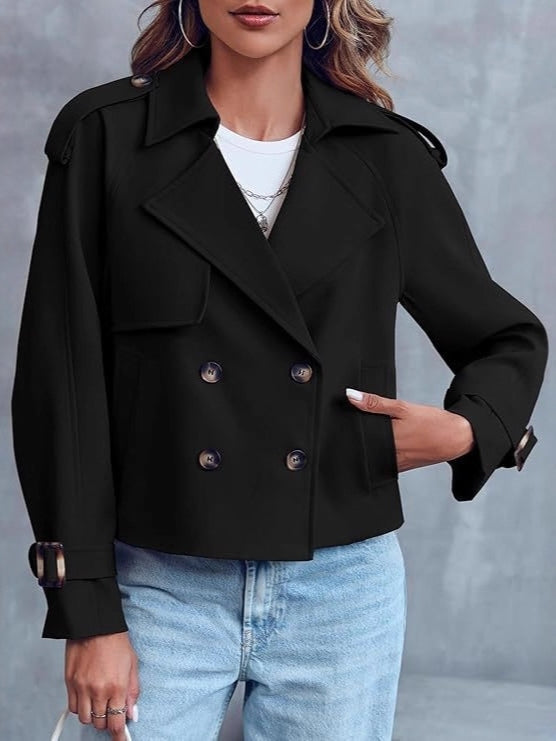 Women's cropped trench coat, featuring a double-breasted front. A versatile & elegant short jacket for women.