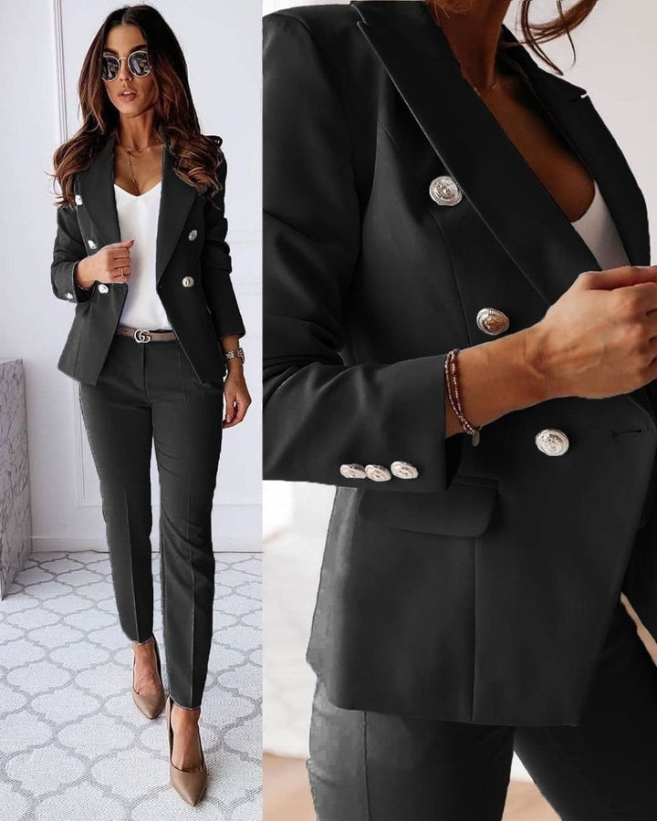 Women's double-breasted tailored suit set, perfect for business or formal occasions.