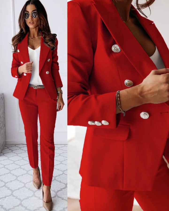 Stylish women's double-breasted suit. Professional business attire, ideal for corporate women.