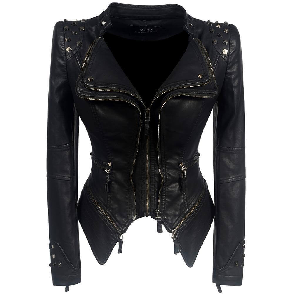 Women's edgy black gothic faux leather biker jacket, a stylish rebel statement piece for fashion outerwear.