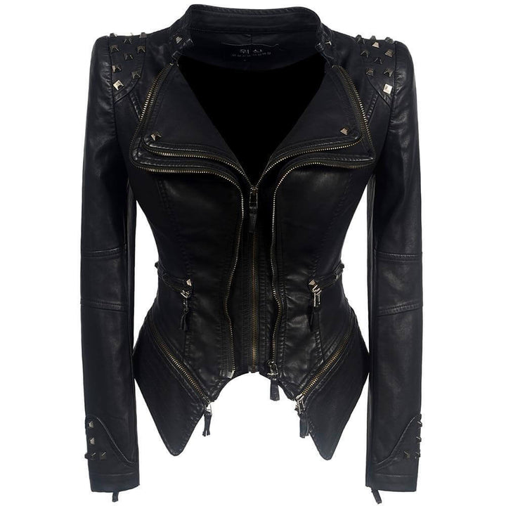 Women's edgy black gothic faux leather biker jacket, a stylish rebel statement piece for fashion outerwear.