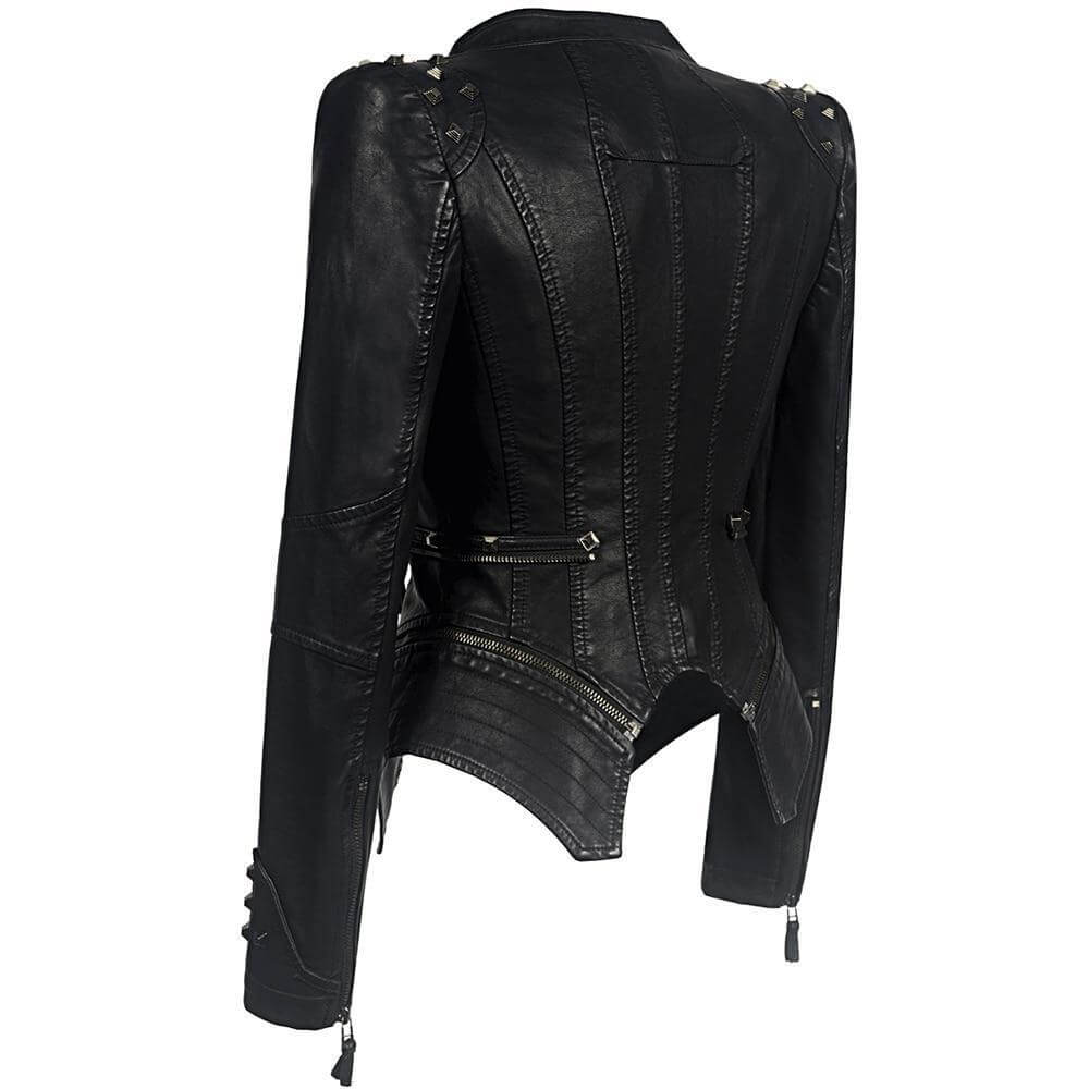 Stylish women's edgy gothic faux leather jacket, featuring a sleek design & rebel fit. Perfect black outerwear.