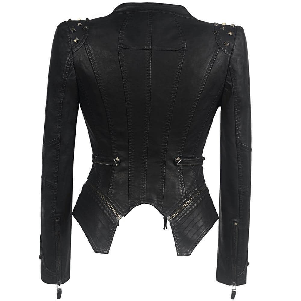 Black women's edgy gothic faux leather jacket. A stylish biker outerwear statement, perfect for rebel fashion.