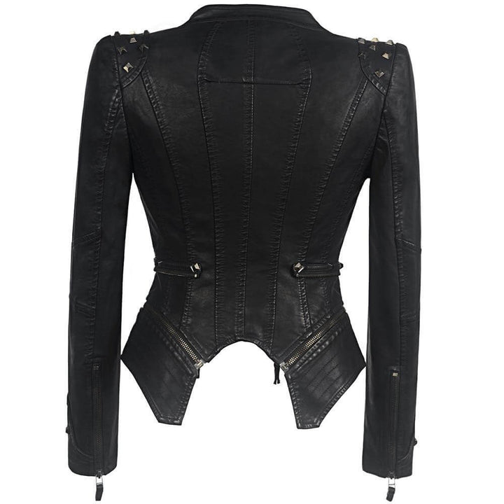 Black women's edgy gothic faux leather jacket. A stylish biker outerwear statement, perfect for rebel fashion.