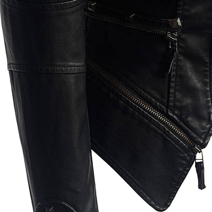 Fashionable women's black faux leather gothic jacket, a stylish biker outerwear piece for edgy rebel looks.
