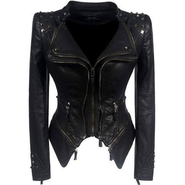 Women's edgy black PU leather jacket with silver studs, perfect for a modern punk or biker fashion look.