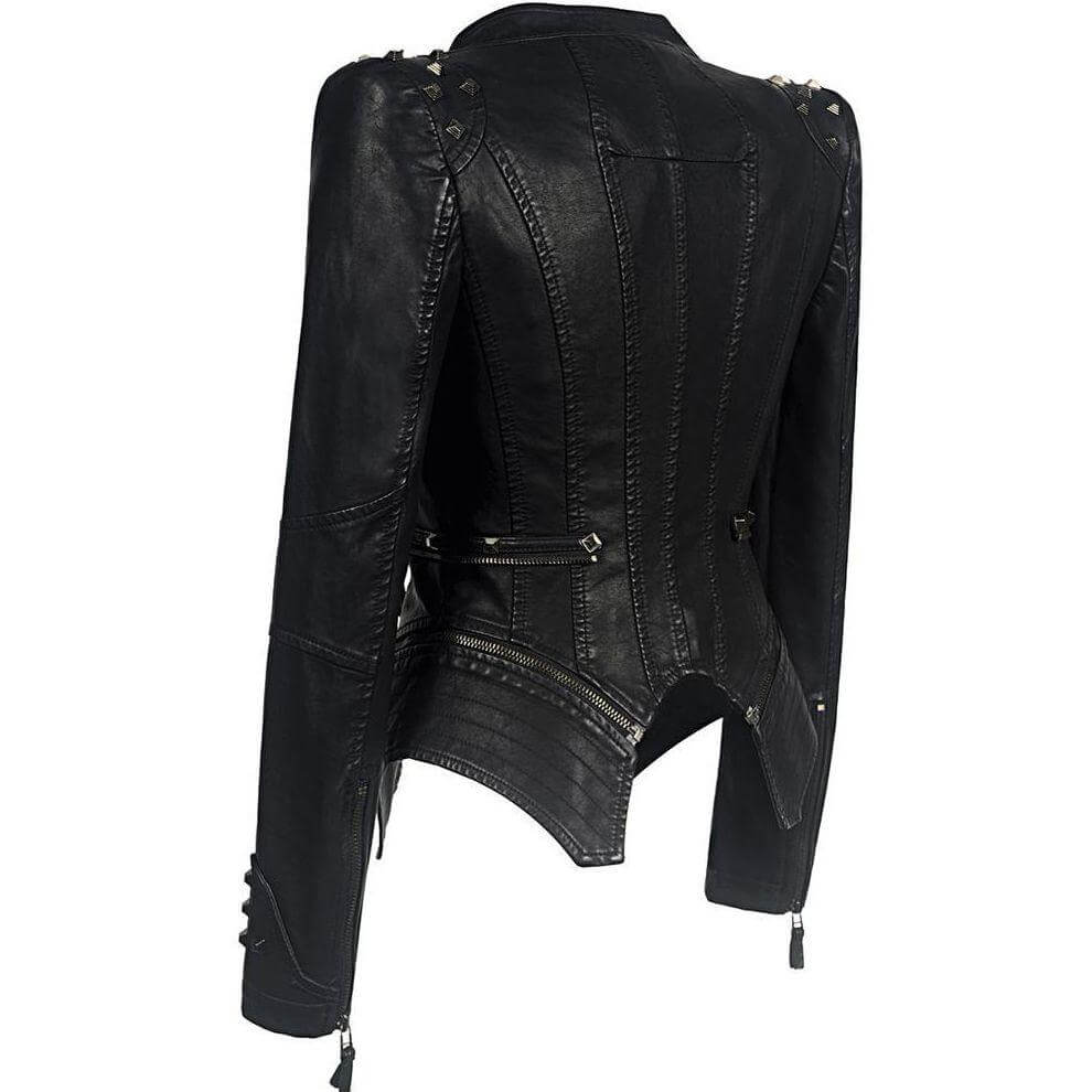 Slim fit women's black studded biker jacket in PU leather, ideal edgy outerwear for casual or fashion styles.