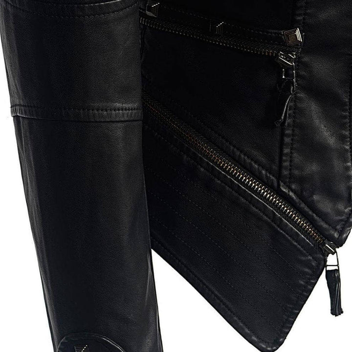 Black PU leather jacket for women, featuring edgy silver stud detailing, a fashionable and modern outerwear piece.