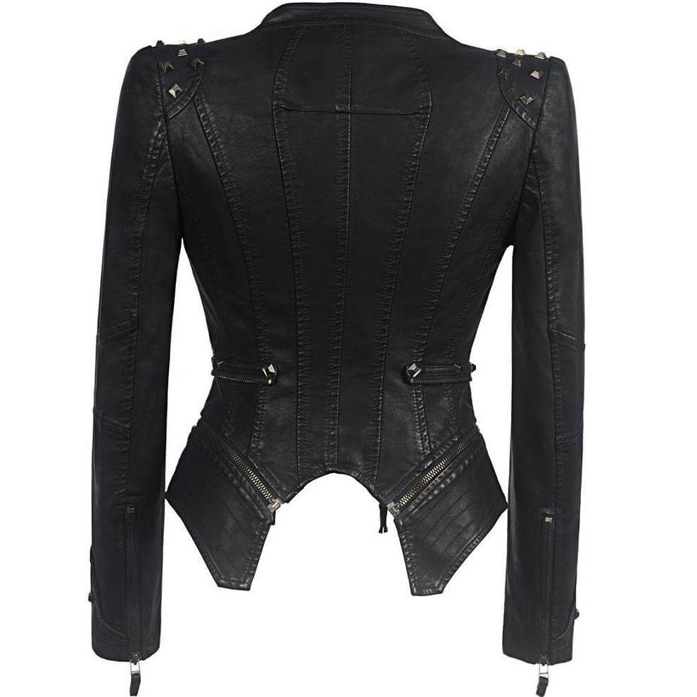 Modern women's black studded PU leather jacket, an edgy biker-style outerwear with slim fit for casual fashion.