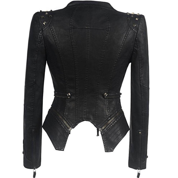 Modern women's black studded PU leather jacket, an edgy biker-style outerwear with slim fit for casual fashion.