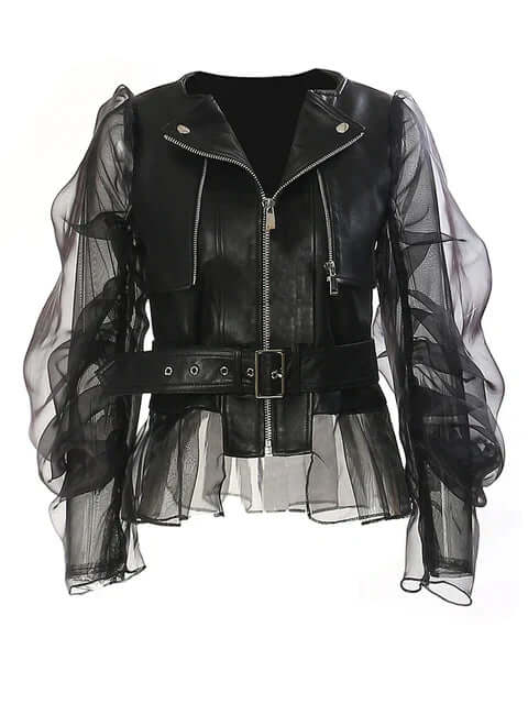 Women's edgy black sheer mesh motorcycle jacket; breathable & lightweight for a bold fashion statement.