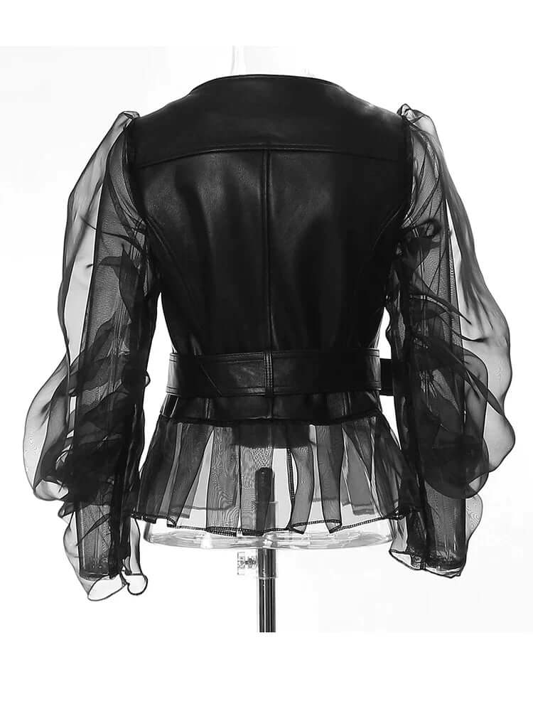 Stylish women's sheer mesh motorcycle jacket. Edgy black design offers breathable, lightweight outerwear fashion.